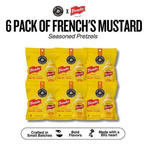 Pop Daddy 6 Pack of French's Mustard | Flavored Pretzels Sticks  | Healthy Gourmet Pretzels Snacks | 3oz Individual Bags | 6 Pack
