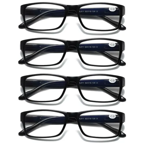 Unisex Blue Light Blocking Reading Glasses Multi-Pack, 4 Full-Rim Rectangular Black Frames with Spring Hinges, +3.00 Power Polycarbonate UV-Protection Lenses, Unisex Style for Shared Use