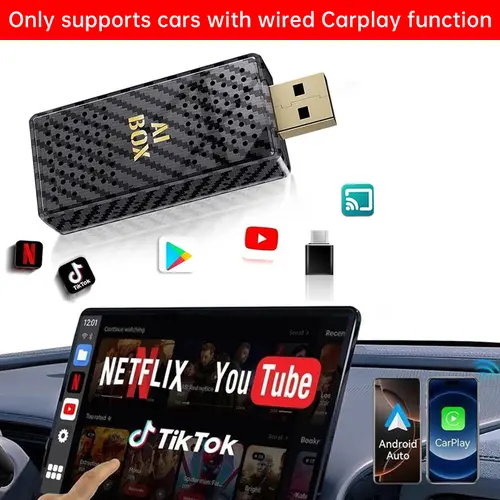 Yurnlv Mini Al Box -Streaming Netflix/Youtube/Tiktok to your car! 4in 1 Wireless CarPlay and Android Auto Adapter suitable forFactory wired CarPlay Cars