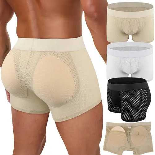 Men's 1/2/3/4-Pack Classic Body Shaping Boxer Briefs, Sports Fabric Workout Underwear, Breathable Mesh with Removable Hip Enhancer Pads, Soft Plain Beige Moderate Compression Shorts, Stay Cool and Dry, Smooths and Shapes Curves