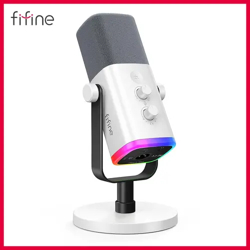 Fifine AmpliGame USB/XLR Dynamic Microphone with RGB Lights, Mute Button, Headphone Jack, Desktop Stand, USB Type-A Cable, Windscreen, ABS Body for Content Creators, PC Gaming (Streaming Equipment Accessory)