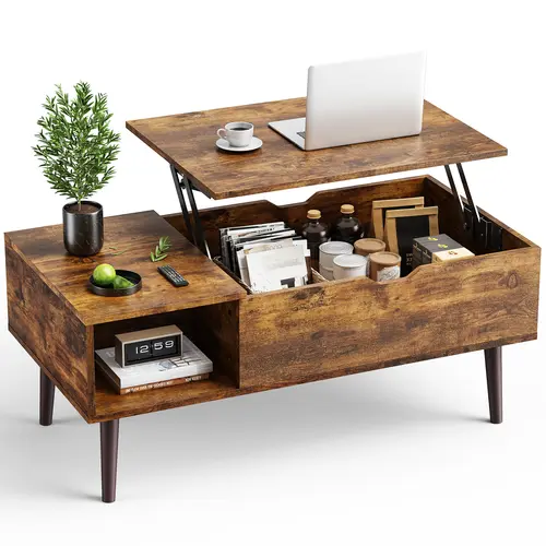 Sweetcrispy Modern Wooden Coffee Table - Adjustable Elevated Living Room Furniture with Lifting Tabletop, Storage Shelf, Hidden Compartment, Compact Design for Small Spaces, Space Saving Office Use