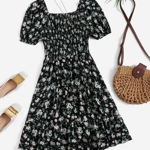 Women's Ditsy Floral Print Dress, Boho Fashion Casual Wear Dress for Daily Holiday Vacation Wear, Ladies Dress for Summer, Boho Vintage Floral, Lightweight Bohemian, Bohemian Style Dresses