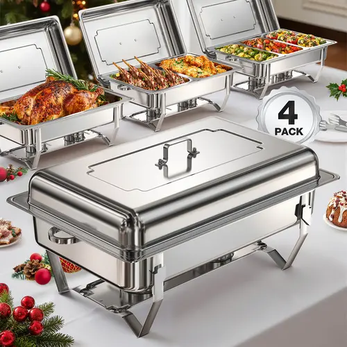 [sohochic] WARMOUNTS 9QT Rectangular Thermal Casserole Chafing Dishes - Mirror-Polished Stainless Steel, Foldable Frame, Rolled Rim, Full-Size/Multi-Size Pans, Maintains Temp, Dishwasher Safe, Leak-Proof, 2/4/6 Pack for Parties, Catering, Bakeware