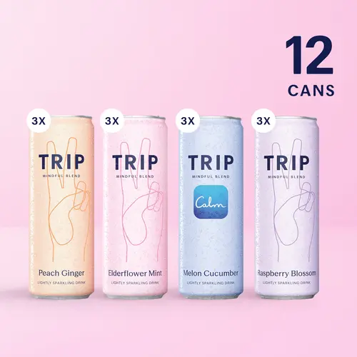 TRIP Original Variety Pack Magnesium Sparkling Drink — 120mg Magnesium, Ashwagandha, Lion's Mane, L-Theanine, Non-Alcoholic, No Added Sugar, Vegan (12-Pack, 12oz)