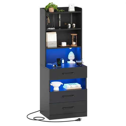 Sikaic LED Tall Nightstand with Charging Station, Multifunctional Side Table & Console Table with 3 Drawers and Bookshelf for Bedroom Indoor Furniture, Multifunctional Console Table