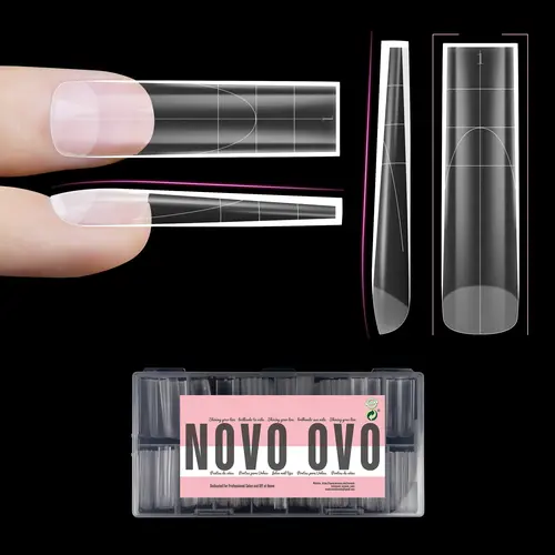 NOVO OVO XXL Sharp Square Natural Non-Sculpted Full Coverage Press on Nail Set, Extra Thick Soft Gel Extension Acrylic Supplies Kit (240pc, 15 Sizes) with XL/L/M French Tip Auxiliary Line for Gel Nails at Home Manicure
