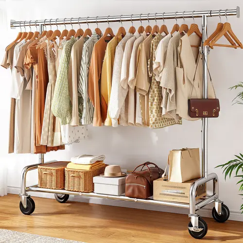 【SummerWins】Raybee Heavy Duty Clothes Rack 75" Extra Wide, 450 LBS Clothing Rack with 4 Hooks, Lockable Wheels, Metal Garment Rack for Bedroom, Laundry Room, Commercial