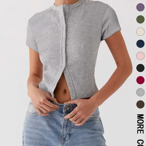 Women's Plain Basic Button Front Ribbed Comfortable Fabric Tee, Casual Slim-fit Short Sleeve T-shirt for Everyday Daily Wear, Ladies Clothes for All Seasons, Cute Tops, Womenswear #GLOBAL PICKS