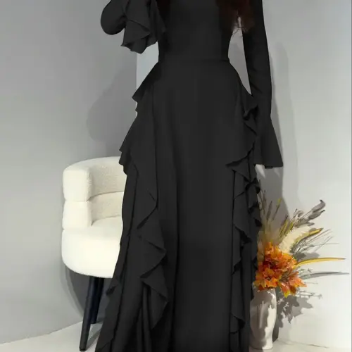 Solid-Color Flared-Sleeve Long Dress with Waist-Cinching Effect, Plain Pattern Slim-Fitting Chic Elegant Formal Holiday Evening Dress for Women, Womenswear, Perfect for Spring and Fall