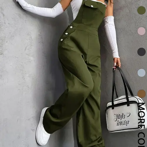 Women's Basic Casual Everyday Plain Fitted Pocket Long Overalls with Pockets for All-Season Wear, Retro Vintage Workwear Style