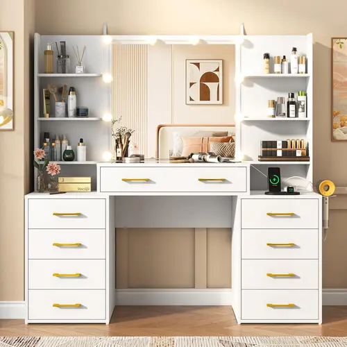 55" Glass Top Modern Makeup Vanity Set - LED 3-Way Mirror, Charging Station, 9 Drawers & Shelves, Illuminated Base, Glamorous Indoor Furniture for Bedroom, Vanity Desk, Led 3-Way Mirror Makeup Vanities, Illuminated Base Makeup Vanities