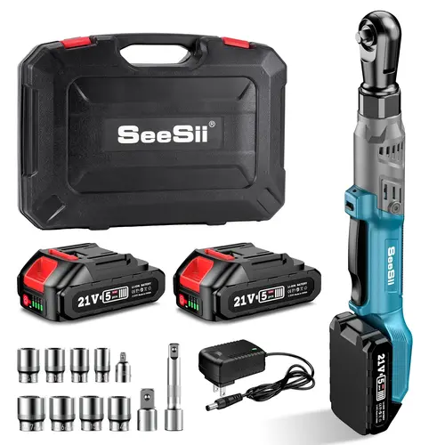 SEESII 1/2" Cordless Ratchet Wrench,66Ft-lbs Torque, Electric Brushless Ratchet Wrench w/ 2 Batteries, Variable Speed Trigger, 8 Sockets, 1/4" & 3/8" Adapter, 3" Extension Bar, RT600C DealsForYouDays