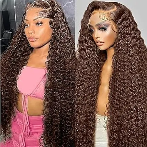 Chocolate Brown 13x6 Lace Front Wigs Human Hair Deep Wave wig, 180 Density HD Transparent Lace Frontal Deep Wave Wigs for Women, Pre Plucked With Baby Hair, Curly Wig Brown Color