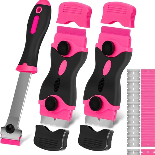 【BackToSchool】THINKWORK Razor Blade Scraper Tool, 3Pcs Pink Razor Scrapers with 15pcs Metal and 30pcs Plastic Blades, Scraper Tool for Cleaning Paint, Decals, Adhesive, Caulk, Stickers, Glass, Labels, Window, Stovetop
