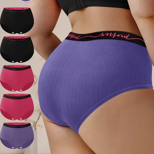 5-Pack Meiyating Plus Size Women's Soft High Stretch Underwear, 1XL-8XL, Breathable Colorblock Letter Wide Waist Panty, Breathable Fit Panties