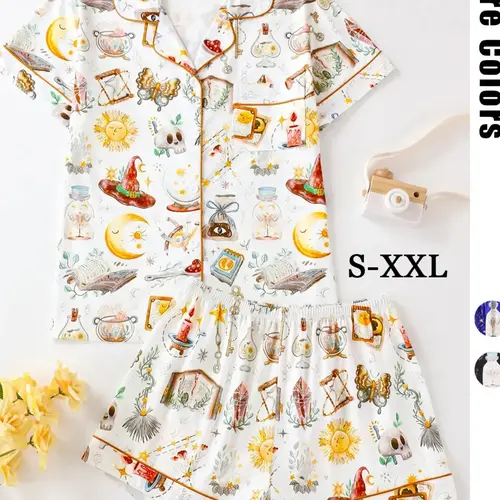 Women's All Over Print Pyjamas Two-piece Set, Casual Comfy Short Sleeve Lapel Neck Pajama Top & Elastic Waist Shorts PJ Set, Ladies Sleepwear, Summer Sleepwear Set, Loungewear Pajamas Set, Casual Pajama Sets, Nightwear Lounge Set, Nightwear Outfit