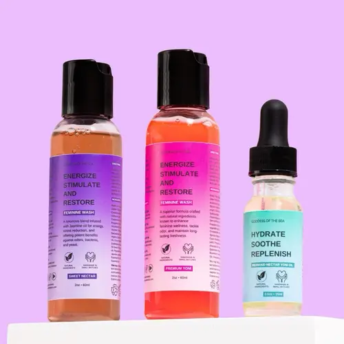 Feminine Hygiene Discovery Set - 4oz Intimate Wash, 1fl oz Mermaid Yoni Oil, 7 Boric Acid, 7ct Chlorophyll, Pink Protection Plan