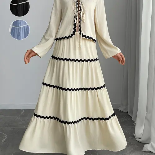 Women's Colorblock Tie Front Top & Skirt Two-piece Set, Matching Outfit, Elegant Chic Fashion Casual Bishop Sleeve Top & Long Skirt for Daily Outdoor Wear, Women's Clothing for Spring & Fall, Womenswear