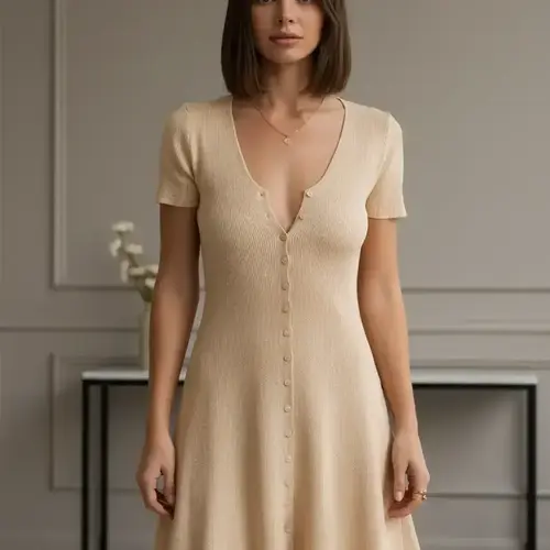 Women's Plain Basic V-Neck Button Fitted Dress, Minimalist Solid Dress, Casual Short-Sleeve Breathable Lightweight Summer Dress, Fashion Womenswear for Daily Wear