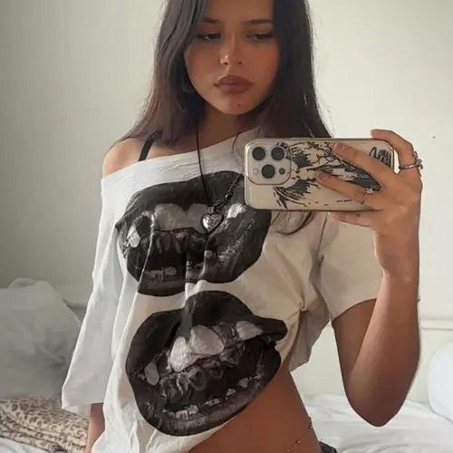 Women's Graphic Print Asymmetrical Neck Tee, Fashion Chic Casual Loose Fit Oversized Vintage Graphic T-Shirt for Daily Vacation Outdoor, Ladies Clothes for Summer, Womenswear, Streetwear, Casual Breathable Comfy Top