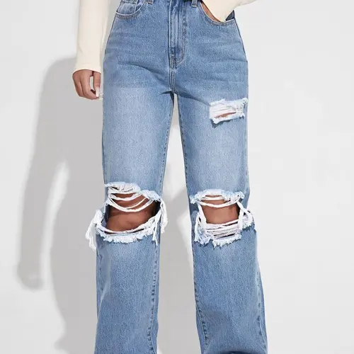 Women's Plain Ripped Frayed Denim Jeans, Casual Comfy Pocket Design High Waist Loose Fit Oversized Jeans for Daily Wear, Ladies Bottoms for All Seasons, Baggy Pants, Everyday