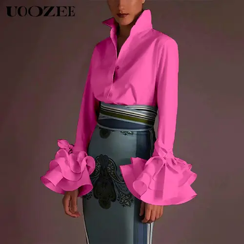 UOOZEE Women's Elegant Fitted Blouse, Solid Polyester Dressy Top with Long Flared Sleeves, Lapel Collar and Bow-Embellished Ruffled Cuffs, Dressy Tops,back to school,back to school shopping
