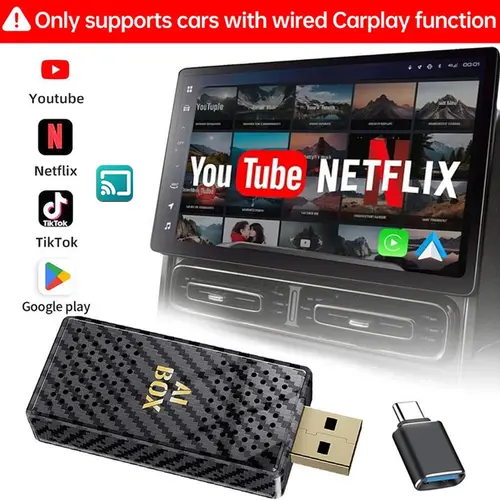Yurnlv Mini Al Box -Streaming Netflix/Youtube/Tiktok/Google Play/Screen Mirror to your car! 4 in 1 Wireless CarPlay and Android Auto Adapter suitable for Factory wired CarPlay Cars