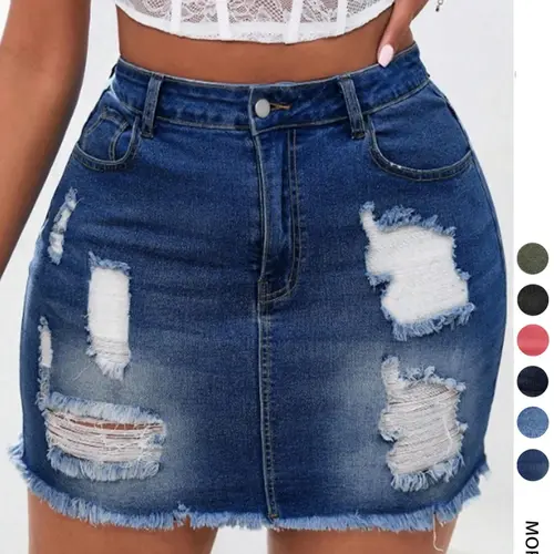 Women's Distressed Fit Button Denim Breathable Skirt, Womenswear Fashion Casual Ripped Short Skirt for Daily Outdoor Wear, Micro Skirt, Ladies Bottoms for Summer, Essential