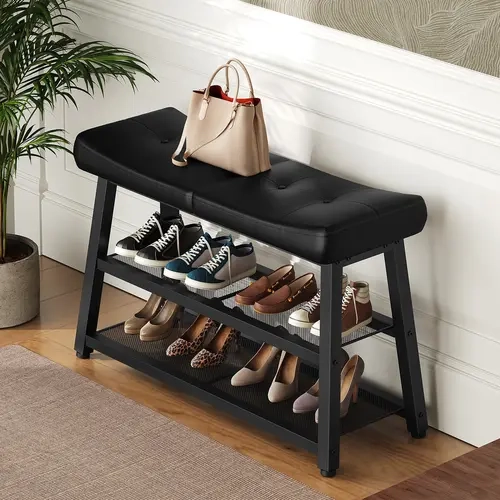 YATINEY 2-Tier PU Leather Metal Shoe Bench - Footstool with Storage, High-Resilience Sponge Curved Seat, Adjustable Feet, Assembly Required, Black Finish for Modern Home Entryway Home Decor & 2Tier Shoe Access