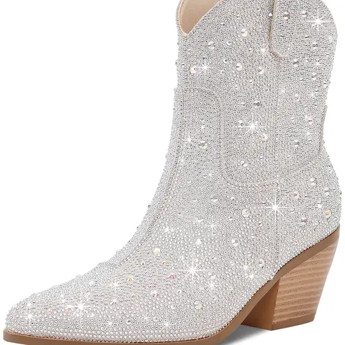 RONILURN Women's Cowgirl Ankle Booties - Rhinestone Sparkly Glitter, Chunky Heel Adds Height with Attitude, Cowgirl and Outlaw Style, Comfortable, Side Zipper, Trendy Footwear Shoe