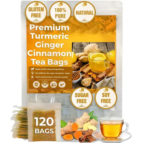 Turmeric Ginger Cinnamon Fruit & Herbal Tea, 100% Natural Anti-Inflammatory, Eco-Conscious Tea Bags, No Sugar No Caffeine No Gluten, Vegan Beverage, Anti Inflammatory Tea