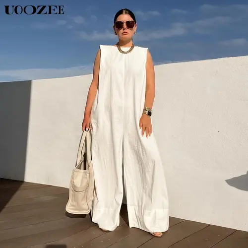 UOOZEE Women's Sleeveless Maxi Wide Leg Jumpsuits for Women - Cotton Blend Flowy Stretch Overalls with Practical Pockets, Minimalist Solid Colors/Plaid/Striped, Fitted, Machine Washable, Plus Size Curvy Casual Spring Wear, Colorful, Plus Size Clothes, Cur