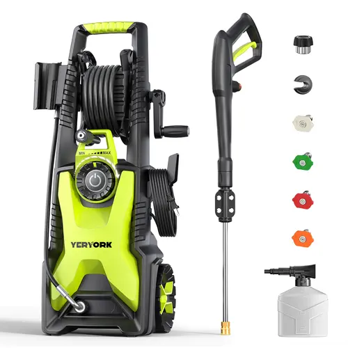 Yeryork Tools Electric Pressure Washer, 2400 PSI 2.5 GPM Max Portable Pressure Washer with Retractable Hose Reel, Adjustable Pressure Control, 4 Nozzles & Foam Cannon, All-purpose Electric Pressure Washer for Cars, Driveways, Home Cleaning
