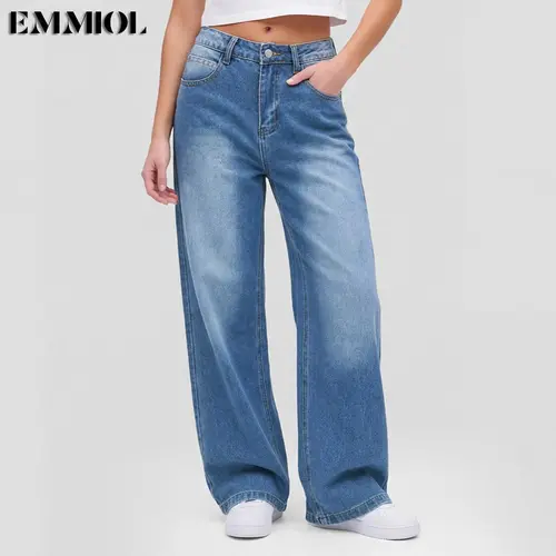 EMMIOL【Buy 4 Save 50】Women's Blue Wash Boyfriend Wide Leg Jeans - Y2K Vintage Style - Denim Baggy Jeans | Baggy fit Pants