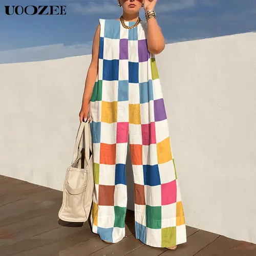 UOOZEE Women's Chic Loose Easy-Fit Sleeveless Plaid Overalls Pants - 80% Dacron Linen-Cotton Blend, Zip Closure, Classic, Lightweight, Colorful, Accessory-Compatible, Machine-Washable, Dressy Women's Clothing for Casual Outfits, All-Seasons Casual Bottoms