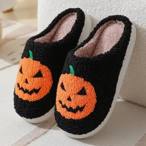 Comfortable Faux Fur Lined Plush Slippers for Women and Men Anti Slip Soft Soled Home Shoes Plush Bedroom Shoes Smooth Fluffy Flip Flops Halloween Pumpkin Design,back to school,back to school haul