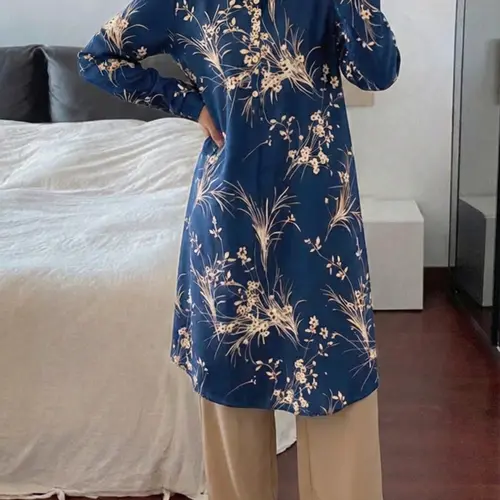 Women's Floral Print Button Front Longline Polo Shirt & Plain Wide Leg Pants Two-piece Set, Casual Elegant Long Sleeve Top & Knot Front Trousers for Daily Wear, Ladies Two-piece Matching Outfits for All Seasons, Summer Matching Set