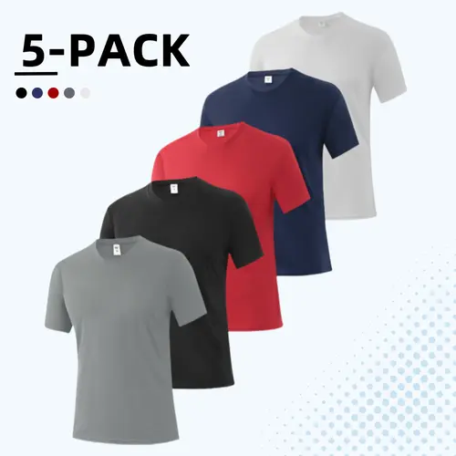 OKP Men's 5-Pack Plain Round Neck Quick-Dry Polyester Sports Tees - Breathable Gym Aesthetic Sporty Chic Fit Inspo Tops, Classic Easy-to-Style Casual Back to School Haul Gear for Summer Workout