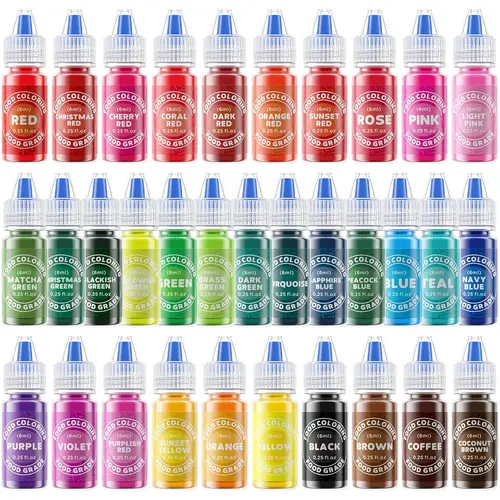 Food Coloring Grade Liquid Set 33 Edible Glitter Ultra-Vibrant Dyes for Bake,Cream,Icing,Cookie,Cake Decorating,DIY Projects 0.25 Fl Oz Macaroons Nata Baking
