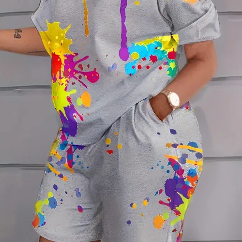 [Plus Size] All-Over Print Short-Sleeve Tee & Shorts Two-Piece Set, Casual Round Neck T-Shirt & Shorts Matching Set, Women's Summer Lounge Clothes for Daily Wear Short Pants Set, Matching Outfit Set