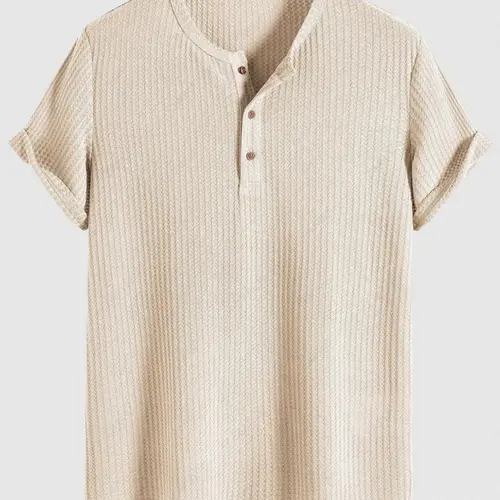 Men's Solid Plain Knit Henley Short Sleeve T-shirt, Regular Fit Casual Round Neck Top for Summer, Daily Wear Knitwear