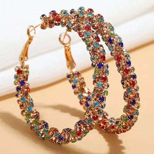 Colorblock Rhinestone Decorated Hoop Earrings for Women, Statement Hoops Earrings, Daily Use, Trendy Exquisite Stylish Jewelry for Birthday Gift, High-Quality Earrings