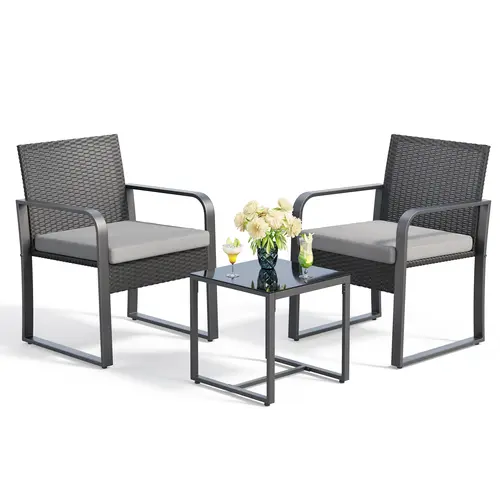 Gizoon Sturdy Rattan 3-Piece Patio Furniture Set - Black Outdoor Wicker Design, Stable Build, with Grey Cushions & Coffee Table for Yard, Balcony, Patio Furniture Sets, Cotton