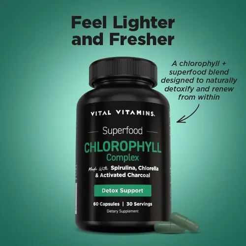 Vital Vitamins Chlorophyll Complex | Detox, Body Odor Control, Liver & Digestive Support | Spirulina, Chlorella, Parsley, Mint & Activated Charcoal | 60 Capsules Herbal Supplement