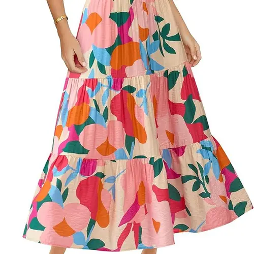 BTFBM Women's Floral Print Midi Maxi Skirts 2026 Summer Casual A-line Elastic High Waist Pleated Flowy Long Skirt with Pockets