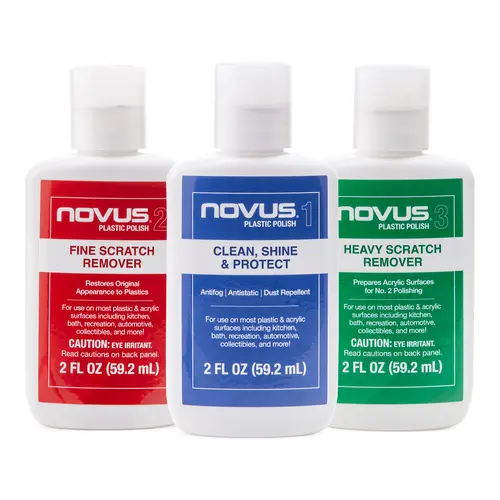NOVUS Plastic Scratch Remover Kit – 3-Step Polish & Repair System for Acrylic, Plexiglass, & Plastic Surfaces – Fine & Heavy Scratch Remover – Shine & Restore – 2oz Bottles & Polish Mates Restorer Kit Car Detailing Kit