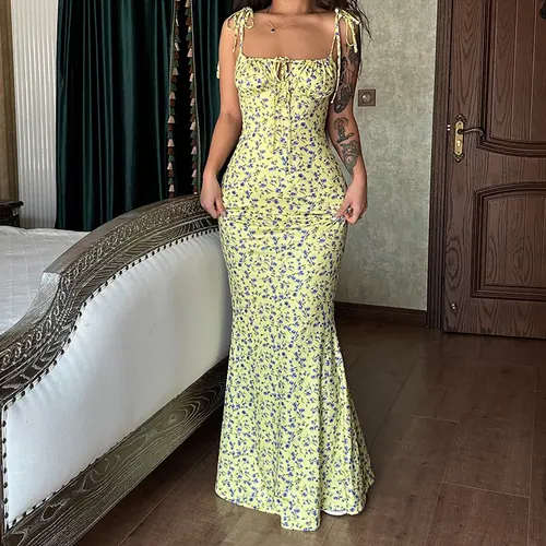 Women's Floral Digital Print Sleeveless Spaghetti Strap Polyester Blend Bodycon Cami Maxi Dress, Tie-Front Lace Detail, 2026 Summer-Fall Holiday Vacation Outfit (for Casual, Party Use)