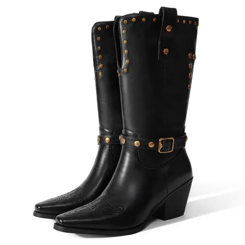 RONILURN Women's Cowboy Boots - Wide Mid-Calf, Square Toe, Chunky Low Heel, Distressed Studded Footwear for Riding, Motorcycle Biker Use - Western OOTD, Cowboy Aesthetic, Country Girl Aesthetic Shoe