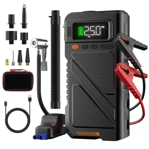 Geeneu 9000A Compact Handheld Emergency Car Battery Booster Jump Starter with 150PSI Air Compressor, 12V 9000A Coldstart, 12L Gas Engines, Wireless SafeClamps, Deflation Function, 150Psi Max